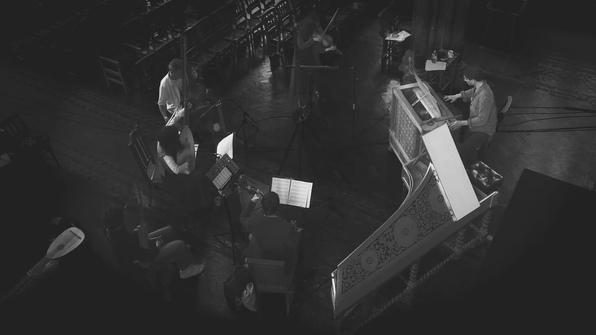 Música d’Outrora recording Still Life at St Alban’s Church, Birmingham, seen from above