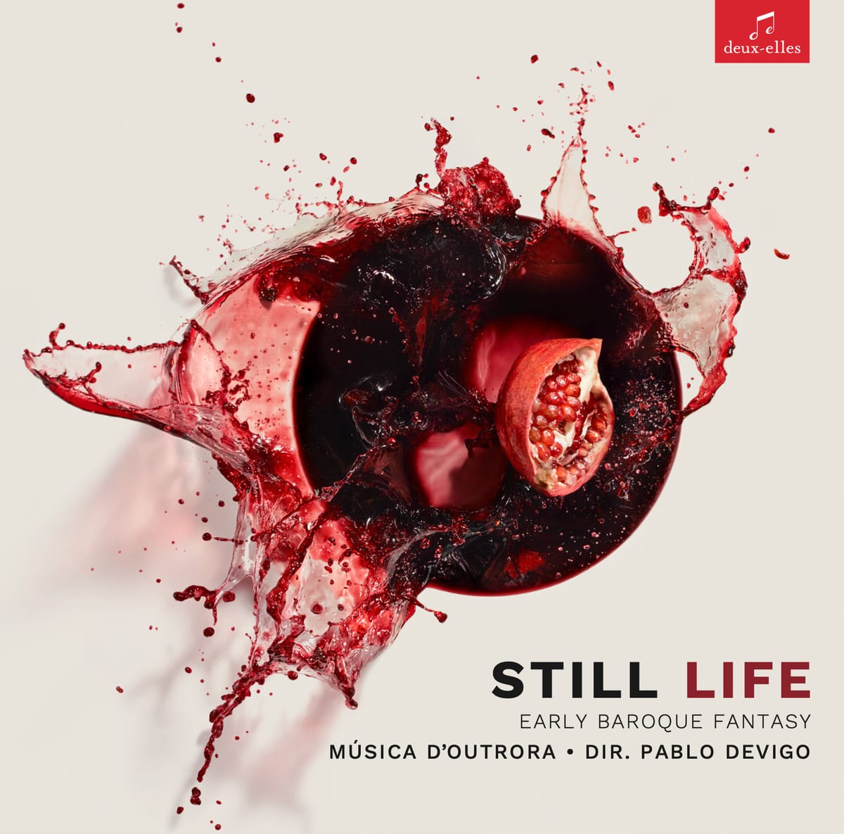 Still Life: Early Baroque Fantasy — album cover, a pomegranate splashing into red juice